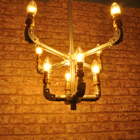 underneath view of industrial ceiling light chandelier with 8 bulbs in galvanised finish 