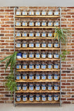 Large kitchen shelf kilner mason jar pantry shelving industrial style on brick wall background