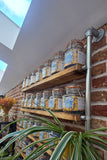 Top view kitchen shelf kilner mason jar pantry shelving industrial style on brick wall background