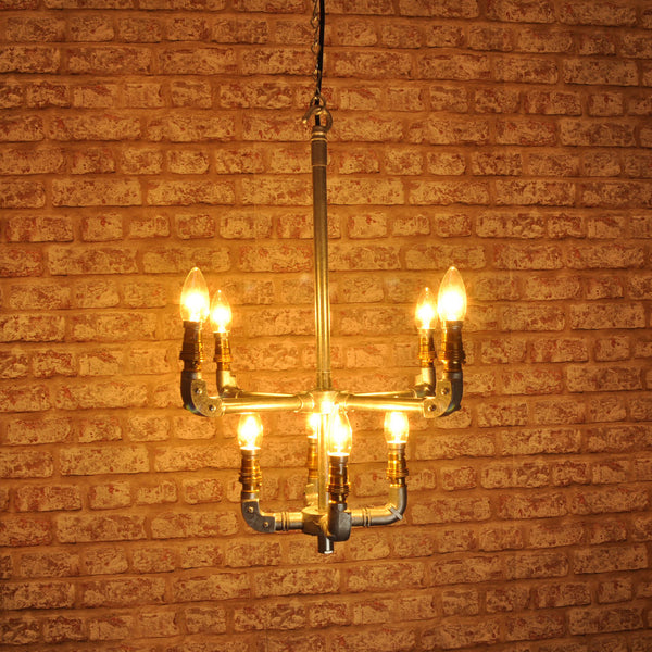 Industrial ceiling light chandelier with 8 bulbs in galvanised finish 